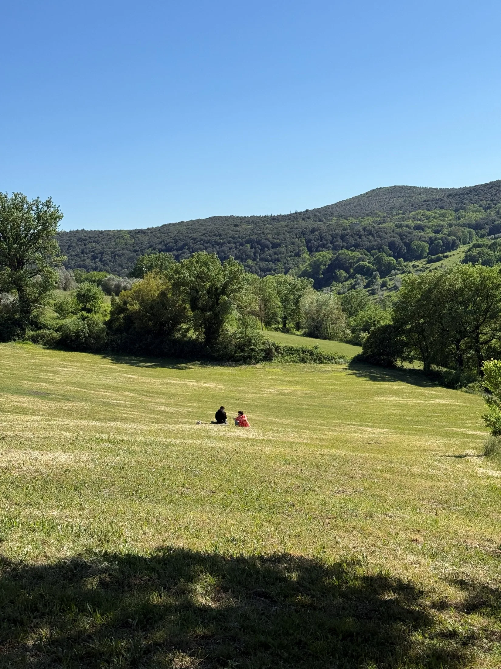 Prato aperto e colline umbre con due persone sedute in lontananza